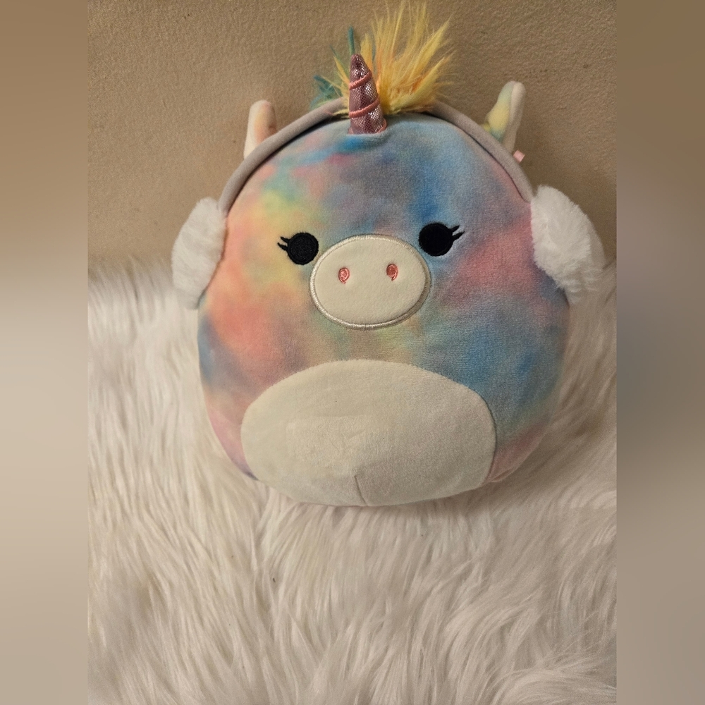 Kellytoy Squishmallow Tie Dye Unicorn Pig with Earmuffs Push Stuff Animal